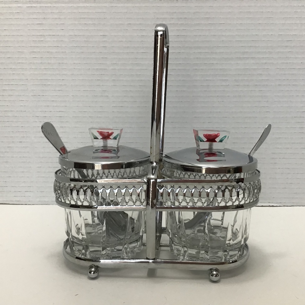 Vintage Clear Glass Jam Jars with ChromePlate Spoons Metal Lid Rose Holder